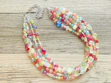 Load image into Gallery viewer, Five Strand Rainbow Ombré Statement Necklace, beaded jewelry, pastel necklace, white jewelry bridesmaid, rainbow acrylic gems