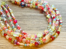 Load image into Gallery viewer, Five Strand Rainbow Ombré Statement Necklace, beaded jewelry, pastel necklace, white jewelry bridesmaid, rainbow acrylic gems