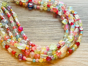 Five Strand Rainbow Ombré Statement Necklace, beaded jewelry, pastel necklace, white jewelry bridesmaid, rainbow acrylic gems