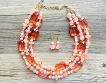 Load image into Gallery viewer, Peach &amp; Coral Beach Necklace, Bright Coral Pink Orange Beaded Jewelry, Statement Chunky Bub Silver creamsicle, earring jewelry set