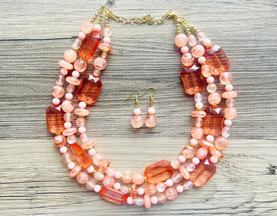 Peach & Coral Beach Necklace, Bright Coral Pink Orange Beaded Jewelry, Statement Chunky Bub Silver creamsicle, earring jewelry set