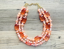Load image into Gallery viewer, Peach &amp; Coral Beach Necklace, Bright Coral Pink Orange Beaded Jewelry, Statement Chunky Bub Silver creamsicle, earring jewelry set