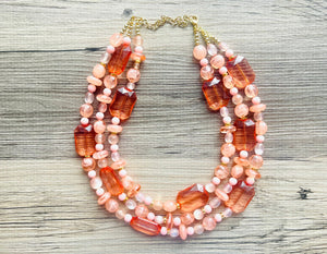Peach & Coral Beach Necklace, Bright Coral Pink Orange Beaded Jewelry, Statement Chunky Bub Silver creamsicle, earring jewelry set