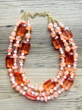 Load image into Gallery viewer, Peach &amp; Coral Beach Necklace, Bright Coral Pink Orange Beaded Jewelry, Statement Chunky Bub Silver creamsicle, earring jewelry set