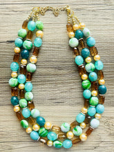 Load image into Gallery viewer, Green Golden Ombré Statement Necklace Set, Green jewelry forest green bib chunky necklace, light green necklace, creamy green beaded jewelry