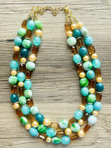 Green Golden Ombré Statement Necklace Set, Green jewelry forest green bib chunky necklace, light green necklace, creamy green beaded jewelry