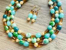 Load image into Gallery viewer, Green Golden Ombré Statement Necklace Set, Green jewelry forest green bib chunky necklace, light green necklace, creamy green beaded jewelry
