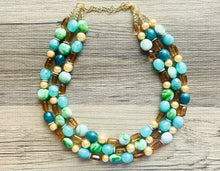 Load image into Gallery viewer, Green Golden Ombré Statement Necklace Set, Green jewelry forest green bib chunky necklace, light green necklace, creamy green beaded jewelry