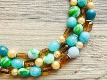 Load image into Gallery viewer, Green Golden Ombré Statement Necklace Set, Green jewelry forest green bib chunky necklace, light green necklace, creamy green beaded jewelry
