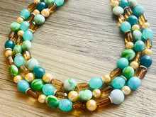 Load image into Gallery viewer, Green Golden Ombré Statement Necklace Set, Green jewelry forest green bib chunky necklace, light green necklace, creamy green beaded jewelry