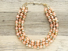 Load image into Gallery viewer, Peach &amp; Gold Triple strand statement Necklace, Clementine Beaded Necklace, summer silver jewelry, bubble necklace bib pink peach orange