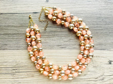 Load image into Gallery viewer, Peach &amp; Gold Triple strand statement Necklace, Clementine Beaded Necklace, summer silver jewelry, bubble necklace bib pink peach orange