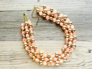 Peach & Gold Triple strand statement Necklace, Clementine Beaded Necklace, summer silver jewelry, bubble necklace bib pink peach orange