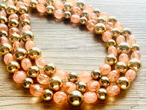 Peach & Gold Triple strand statement Necklace, Clementine Beaded Necklace, summer silver jewelry, bubble necklace bib pink peach orange