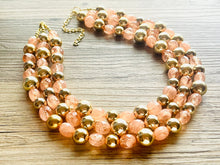 Load image into Gallery viewer, Peach &amp; Gold Triple strand statement Necklace, Clementine Beaded Necklace, summer silver jewelry, bubble necklace bib pink peach orange