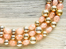 Load image into Gallery viewer, Peach &amp; Gold Triple strand statement Necklace, Clementine Beaded Necklace, summer silver jewelry, bubble necklace bib pink peach orange