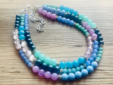 Tributaries Statement Necklace, chunky bib beaded jewelry, Summer blue purple green necklace, beaded glass jewelry lavender chambray