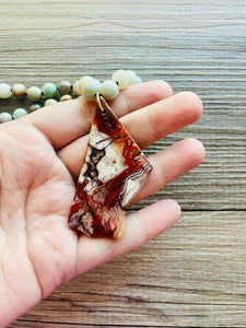 GemStone Chunky Statement Necklace, brown red striped gemstone necklace, long gem jewelry beaded necklace, agate jewelry pendant long