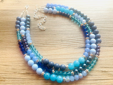 Tributaries Statement Necklace, chunky bib beaded jewelry, Summer blue aqua necklace, beaded glass jewelry navy blue teal chambray