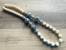 Load image into Gallery viewer, Ginger Jar Chunky Long Statement Necklace, chinoiserie silver wood necklace, beaded long necklace, blue beaded statement jewelry