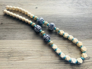 Ginger Jar Chunky Long Statement Necklace, chinoiserie silver wood necklace, beaded long necklace, blue beaded statement jewelry