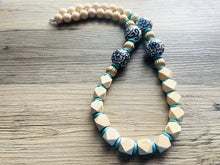 Load image into Gallery viewer, Ginger Jar Chunky Long Statement Necklace, chinoiserie silver wood necklace, beaded long necklace, blue beaded statement jewelry