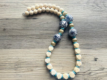 Load image into Gallery viewer, Ginger Jar Chunky Long Statement Necklace, chinoiserie silver wood necklace, beaded long necklace, blue beaded statement jewelry