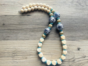 Ginger Jar Chunky Long Statement Necklace, chinoiserie silver wood necklace, beaded long necklace, blue beaded statement jewelry