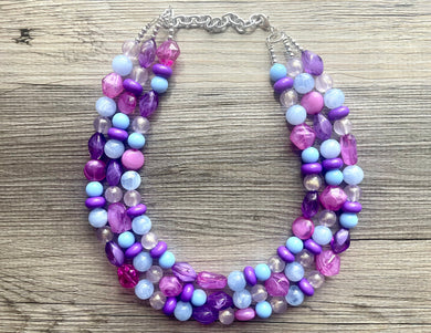 Summer Sunday Chunky Statement Necklace, pink purple blue beaded jewelry, Multi Strand Bib periwinkle Resin Beaded necklace bubblegum