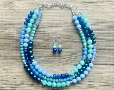 Tributaries Statement Necklace, chunky bib beaded jewelry, Summer blue aqua necklace, beaded glass jewelry mint green navy teal chambray