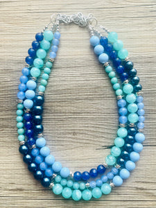 Tributaries Statement Necklace, chunky bib beaded jewelry, Summer blue aqua necklace, beaded glass jewelry mint green navy teal chambray