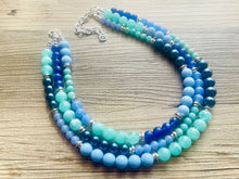 Load image into Gallery viewer, Tributaries Statement Necklace, chunky bib beaded jewelry, Summer blue aqua necklace, beaded glass jewelry mint green navy teal chambray