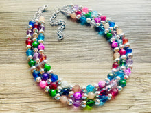 Load image into Gallery viewer, Shimmer Silver Jewels Chunky Rainbow Beaded Necklace, Colorful Jewelry statement necklace, big beaded necklace, rainbow jewelry baby