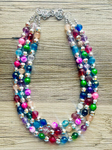 Shimmer Silver Jewels Chunky Rainbow Beaded Necklace, Colorful Jewelry statement necklace, big beaded necklace, rainbow jewelry baby