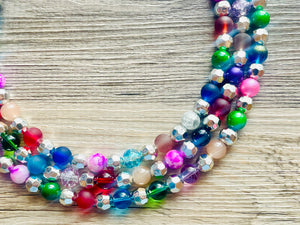 Shimmer Silver Jewels Chunky Rainbow Beaded Necklace, Colorful Jewelry statement necklace, big beaded necklace, rainbow jewelry baby