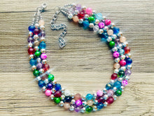 Load image into Gallery viewer, Shimmer Silver Jewels Chunky Rainbow Beaded Necklace, Colorful Jewelry statement necklace, big beaded necklace, rainbow jewelry baby