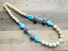 Load image into Gallery viewer, Ginger Jar Chunky Long Statement Necklace, chinoiserie silver wood necklace, beaded long necklace, blue beaded statement jewelry