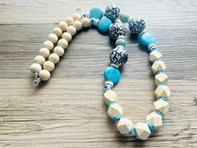 Load image into Gallery viewer, Ginger Jar Chunky Long Statement Necklace, chinoiserie silver wood necklace, beaded long necklace, blue beaded statement jewelry