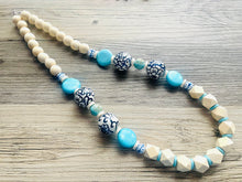 Load image into Gallery viewer, Ginger Jar Chunky Long Statement Necklace, chinoiserie silver wood necklace, beaded long necklace, blue beaded statement jewelry