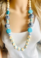 Load image into Gallery viewer, Ginger Jar Chunky Long Statement Necklace, chinoiserie silver wood necklace, beaded long necklace, blue beaded statement jewelry