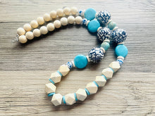 Load image into Gallery viewer, Ginger Jar Chunky Long Statement Necklace, chinoiserie silver wood necklace, beaded long necklace, blue beaded statement jewelry