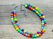 Load image into Gallery viewer, Neon Statement Necklace, neon chunky multi-strand jewelry, coral neon yellow neon green sky blue, 3 strand silver necklace earrings set