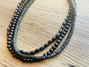 Black Birch Wood 3 Strand Beaded Necklace, vintage tan Jewelry Chunky statement necklace, big beaded necklace geometric boho dark painted