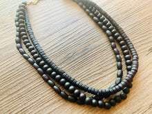 Load image into Gallery viewer, Black Birch Wood 3 Strand Beaded Necklace, vintage tan Jewelry Chunky statement necklace, big beaded necklace geometric boho dark painted