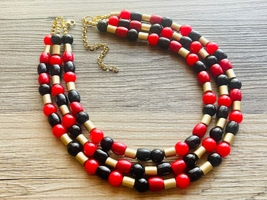 Black & Red Jewel Statement Necklace, Chunky 3 Strand Jewelry, gold red necklace, red bib beaded necklace thick collar bead metal