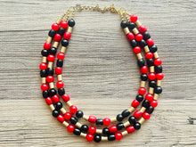 Load image into Gallery viewer, Black &amp; Red Jewel Statement Necklace, Chunky 3 Strand Jewelry, gold red necklace, red bib beaded necklace thick collar bead metal