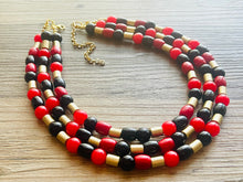 Load image into Gallery viewer, Black &amp; Red Jewel Statement Necklace, Chunky 3 Strand Jewelry, gold red necklace, red bib beaded necklace thick collar bead metal