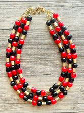 Load image into Gallery viewer, Black &amp; Red Jewel Statement Necklace, Chunky 3 Strand Jewelry, gold red necklace, red bib beaded necklace thick collar bead metal
