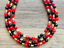 Load image into Gallery viewer, Black &amp; Red Jewel Statement Necklace, Chunky 3 Strand Jewelry, gold red necklace, red bib beaded necklace thick collar bead metal