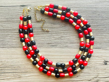 Load image into Gallery viewer, Black &amp; Red Jewel Statement Necklace, Chunky 3 Strand Jewelry, gold red necklace, red bib beaded necklace thick collar bead metal